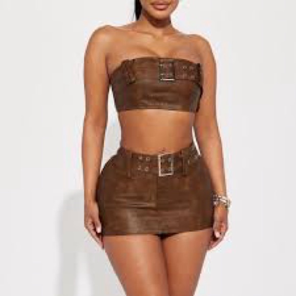 Fashion Nova Janisa Faux Leather Bantu Tube Top Brown - Picture 5 of 12